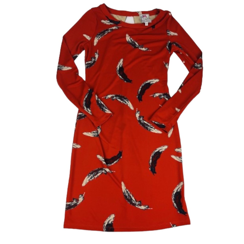 Yoana Baraschi Orange w/ Feather Print L/S Polyester Crewneck Dress Womens Small